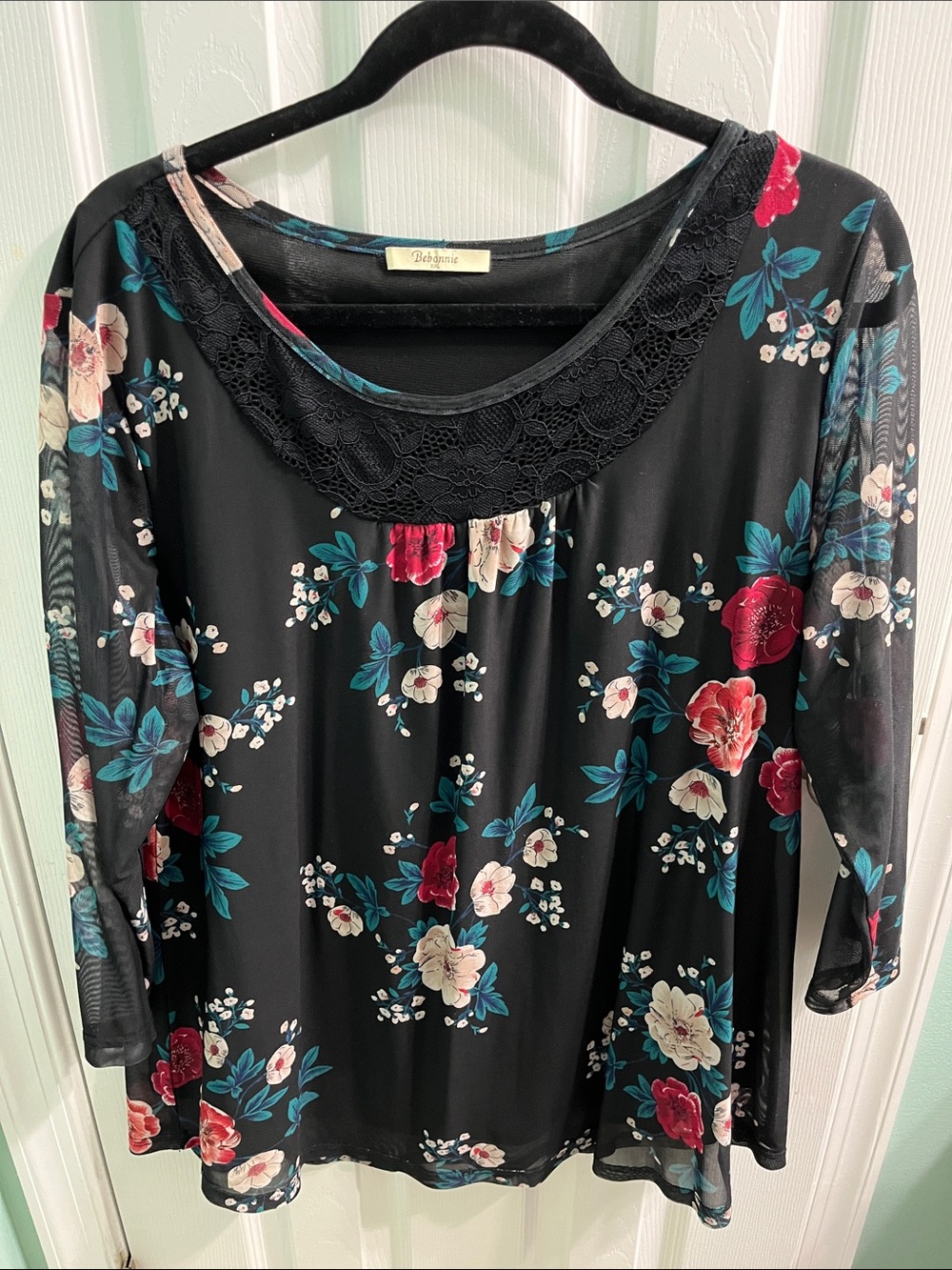 Belldini Black Floral Lace-Trim Blouse